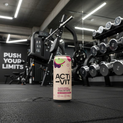 Acti-Vit blackcurrant, apple, and raspberry sparkling water can with colorful graphics on a gym background.