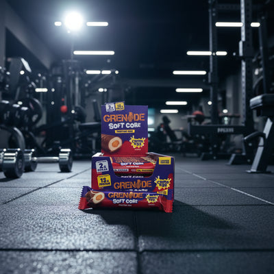 Creme Egg Grenade Protein Bar pack in a gym setting