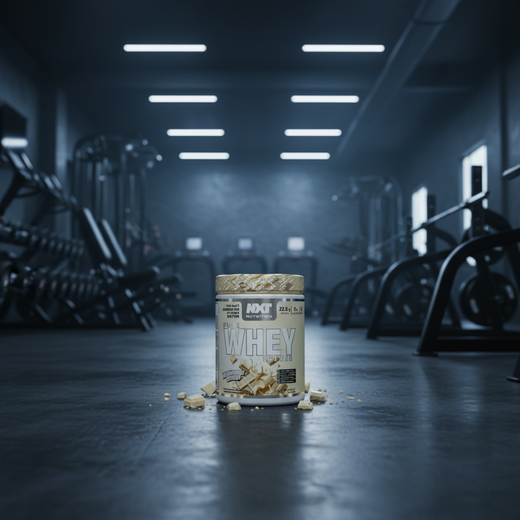 Whey protein powder container in a gym setting