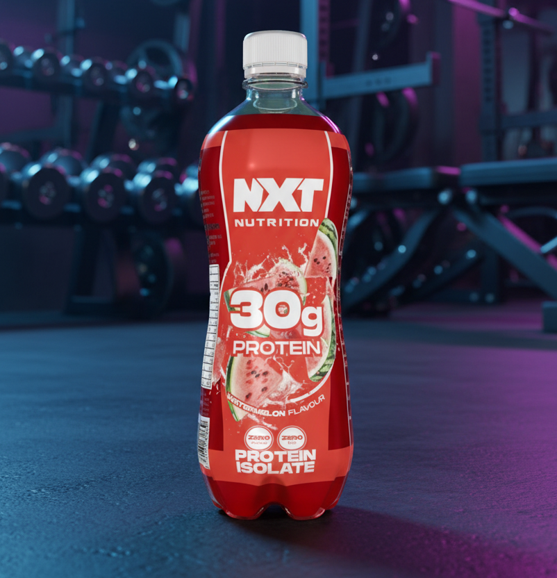 Red protein supplement bottle with 'NXT Nutrition' branding in a gym setting