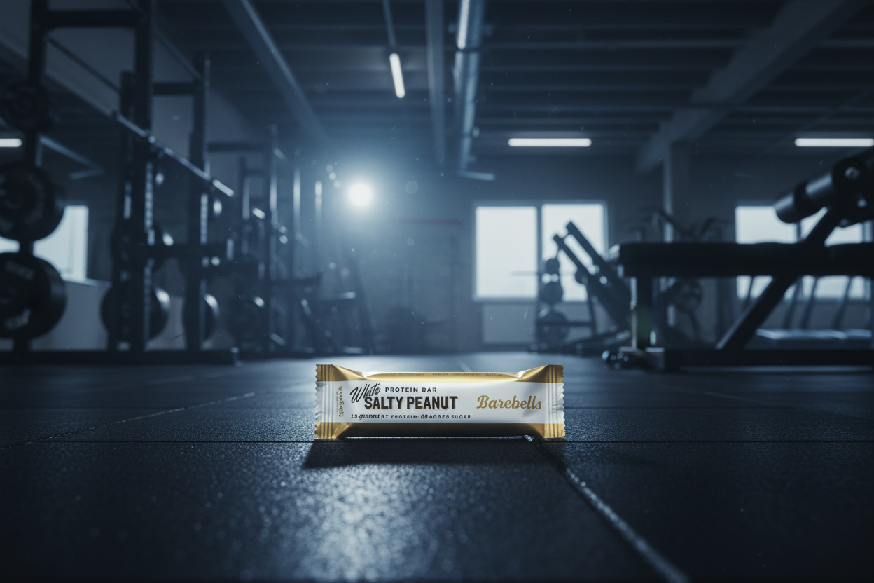 Bar of chocolate with 'The Salty Peanut' label on a gym floor