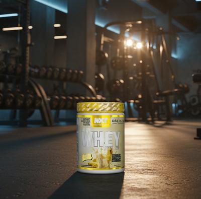 Container of whey protein powder in a gym setting