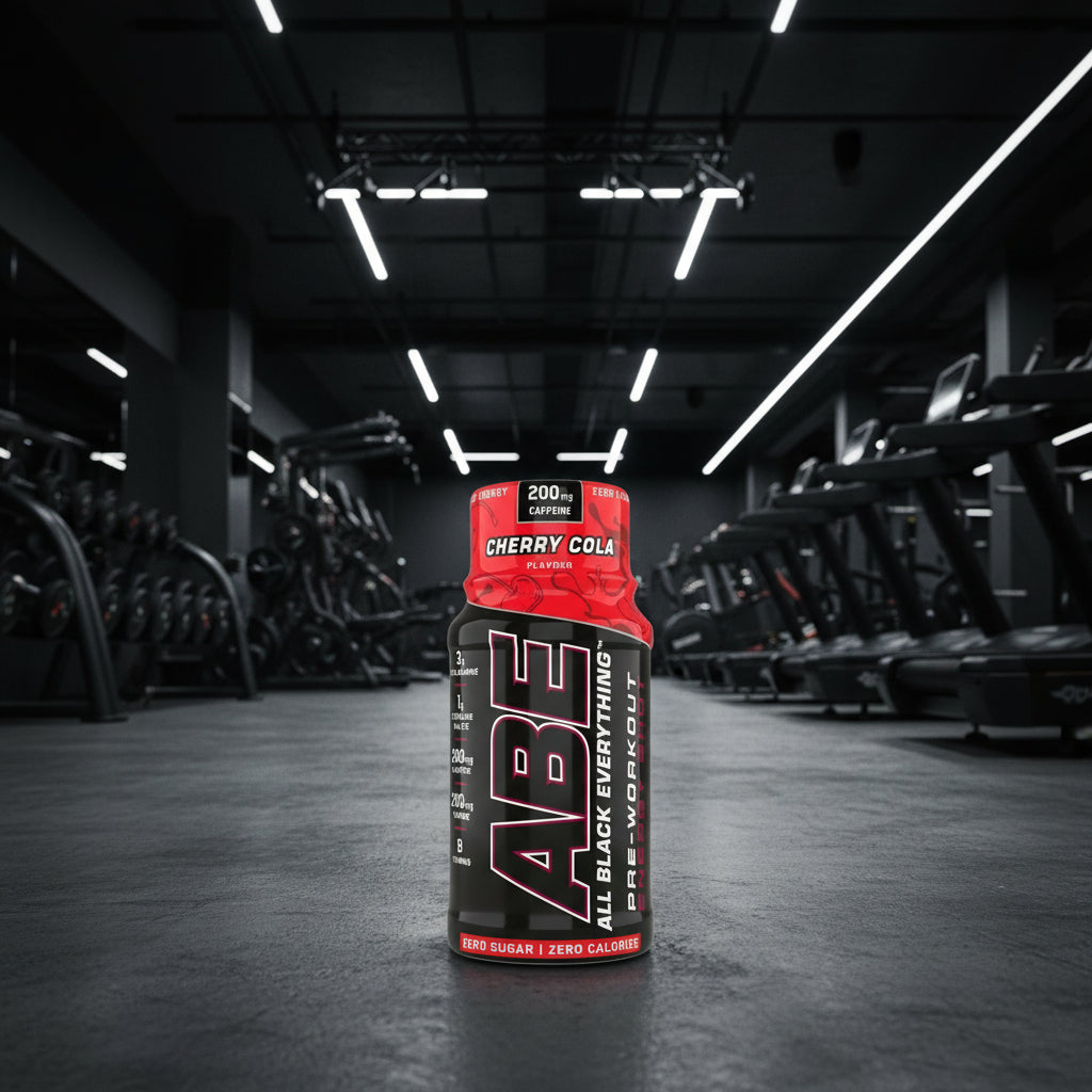 ABE All Black Everything pre-workout supplement bottle with cherry cola flavor on a gym background