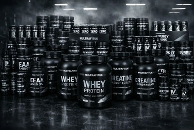 Nultrafituk branded fitness products stacked in large quantities in a gym setting for bulk buying