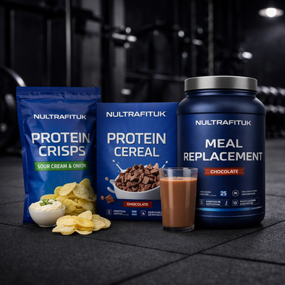 Functional nutrition foods including protein crisps, protein cereal and meal replacement displayed in a gym setting with NULTRAFITUK products