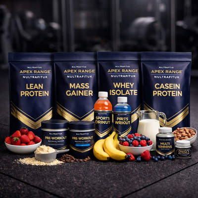 NULTRAFITUK APEX range premium supplements including protein powders, pre-workout supplements, sports drinks and vitamins displayed on a rubber gym floor in a dark gym environment.
