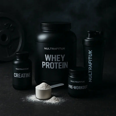Flexi range affordable supplements featuring creatine, pre workout, protein tubs and water bottle on dark smoky background