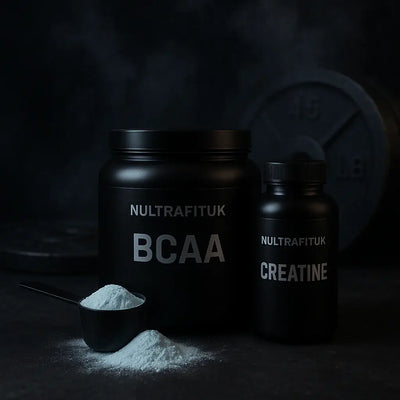 Creatine and BCAA supplement tubs in front of gym weights on a misty background