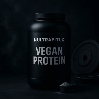 Vegan protein supplement tub on a dark gym background with weights