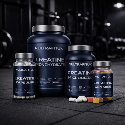 Creatine supplements including creatine monohydrate, micronized creatine, creatine capsules and gummies displayed in a gym setting with NULTRAFITUK containers