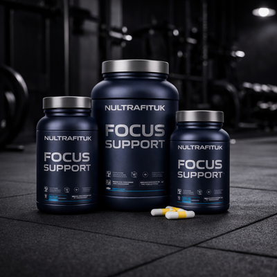 Focus support supplements displayed in a gym setting with NULTRAFITUK containers designed for mental focus and concentration