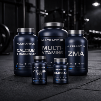Health and wellness supplements including multivitamins, calcium, magnesium and ZMA displayed in a gym setting with NULTRAFITUK containers