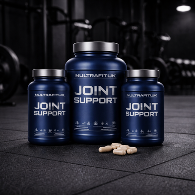 Joint support supplements displayed in a gym setting with NULTRAFITUK containers designed for joint health and mobility