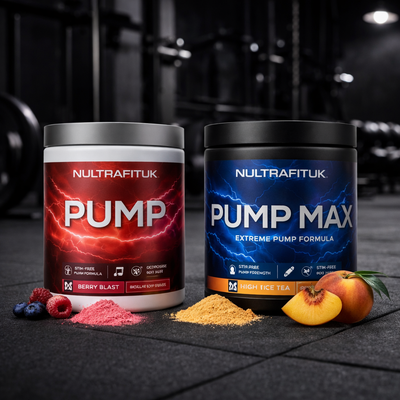 Pump pre-workout supplements displayed in a gym setting with NULTRAFITUK containers designed to support muscle pump and blood flow during training