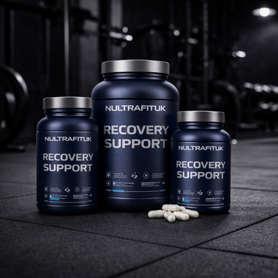 Recovery support supplements displayed in a gym setting with NULTRAFITUK containers designed to support muscle recovery and post-workout repair