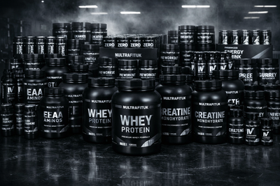 Nultrafituk branded fitness products stacked in large quantities in a gym setting for bulk buying