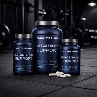 Testosterone support supplements displayed in a gym setting with NULTRAFITUK containers designed to support hormone balance and performance