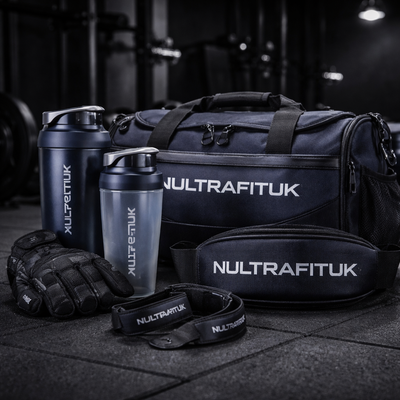Gym training accessories including shaker bottles, lifting belt, gym gloves and duffel bag displayed in a gym setting with NULTRAFITUK branding