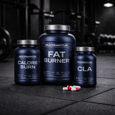 Weight management supplements including fat burners, calorie burners and CLA capsules displayed in a gym setting with NULTRAFITUK containers