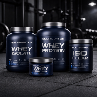 Whey protein supplements collection displayed in a gym setting with premium NULTRAFITUK protein tubs