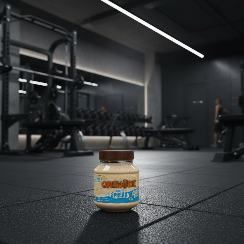 Jar of Grenade protein spread on a gym floor with equipment in the background