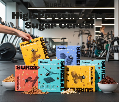 Surreal cereal boxes in various flavors with a gym background