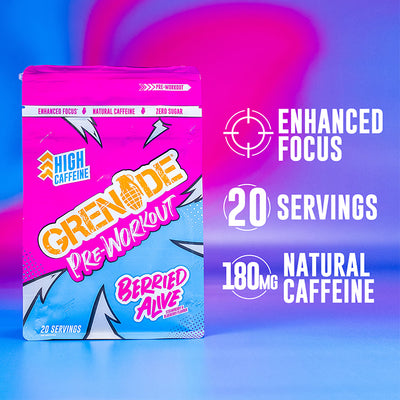 Grenade pre-workout supplement packaging with vibrant colors and text on a gradient background