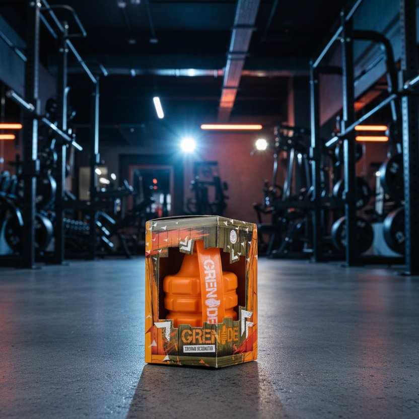 Orange Grenade supplement container in a gym setting