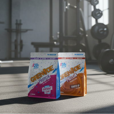 Two protein powder packages on a gym floor with weights in the background