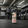 Acti-Vit blackcurrant, apple, and raspberry sparkling water can with colorful graphics on a gym background.