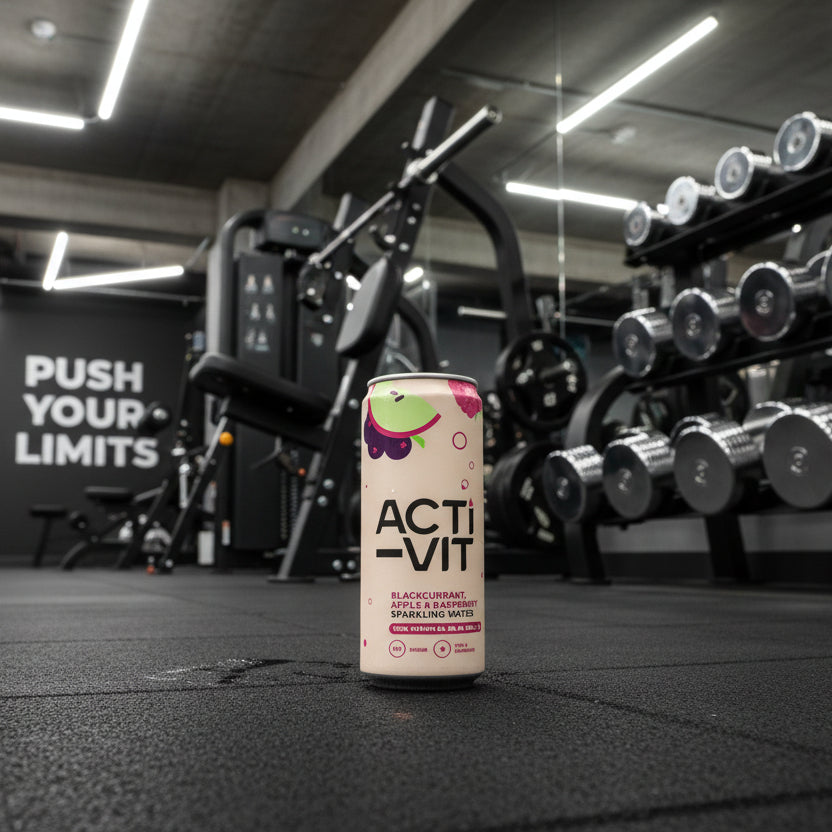 Acti-Vit blackcurrant, apple, and raspberry sparkling water can with colorful graphics on a gym background.