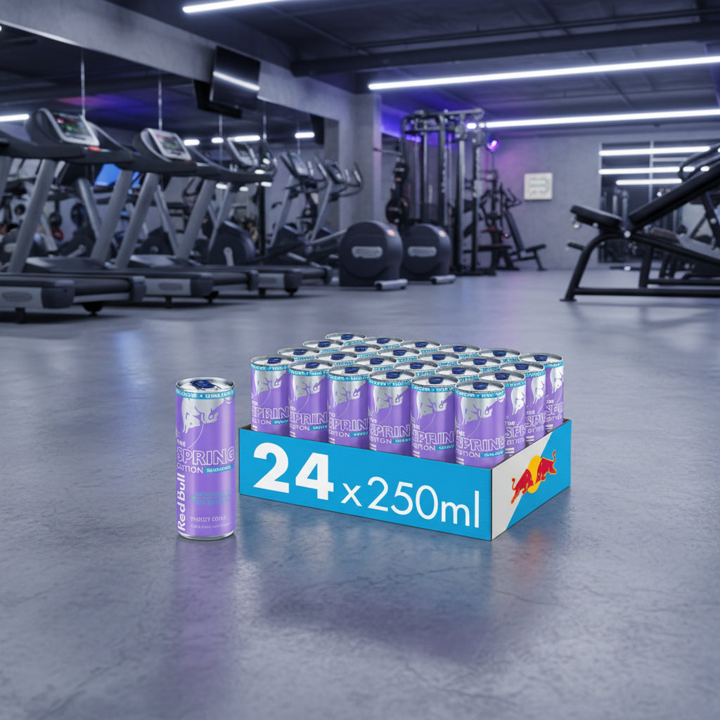 Packaging of Red Bull Spring Edition energy drinks with 24 cans of 250ml each.