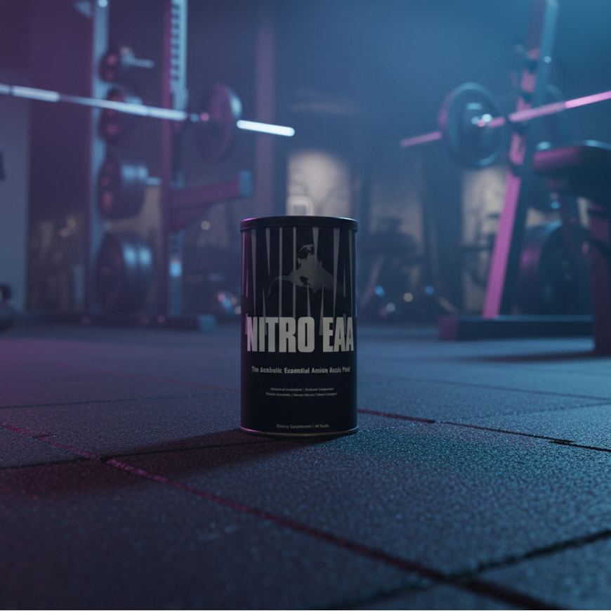 Animal Nitro EAA – 44-Packet Tub in gym setting