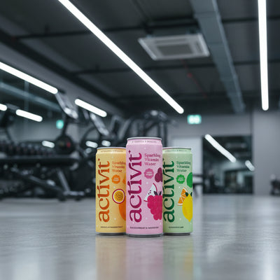 Three cans of Activit drinks on a reflective surface with a blurred gym background