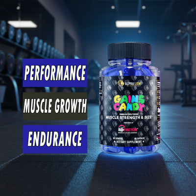 Supplement bottle labeled 'Gain Candy' with text highlighting performance, muscle growth, and endurance on a gym background.