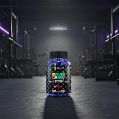 Supplement bottle labeled 'Gains Candy' in a gym setting