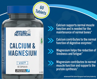Applied Nutrition Calcium & Magnesium supplement bottle with benefits listed on a blue background