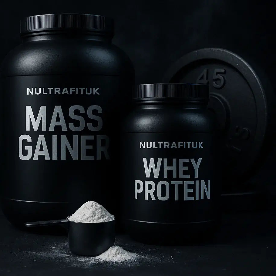 Two black containers labeled 'Mass Gainer' and 'Whey Protein' with a scoop of powder on a dark background.
