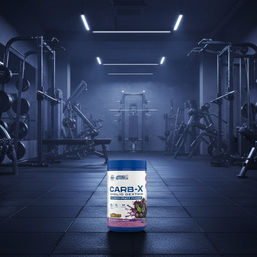 Applied Nutrition Carb-X Cyclic Dextrin powder container on a gym floor