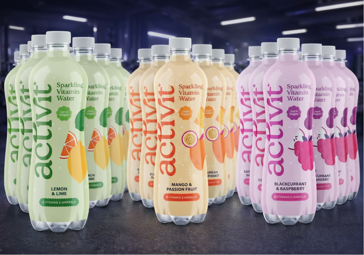 Assorted bottles of Activit sparkling vitamin water on a gym background