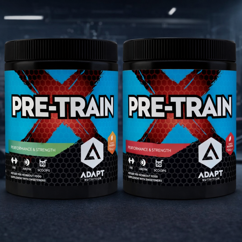 Two bottles of Pre-Train X supplement on a dark background with gym equipment.