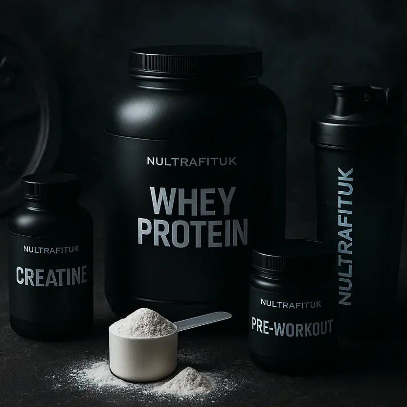 Supplement bottles including Whey Protein, Creatine, and Pre-Workout on a dark background.