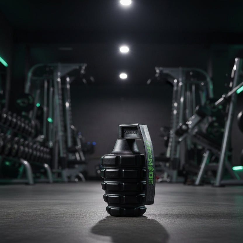 Black gym roller with green branding in a dark gym setting