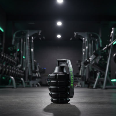 Black gym roller with green branding in a dark gym setting