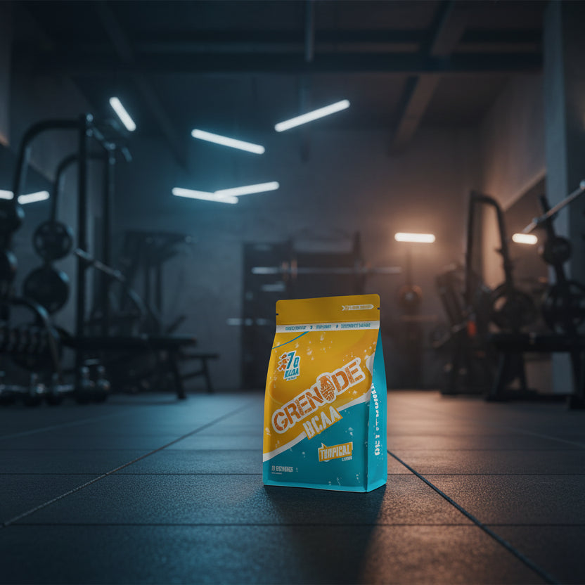 Grenade BCAA supplement package with strawberry mango flavour on a gym background