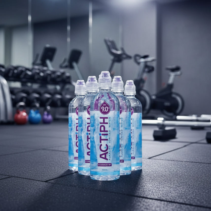 Multiple bottles of Actiph water on a gym background