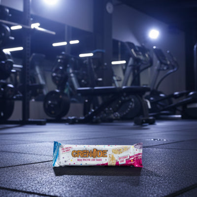 Grenade birthday cake protein bar on a gym background