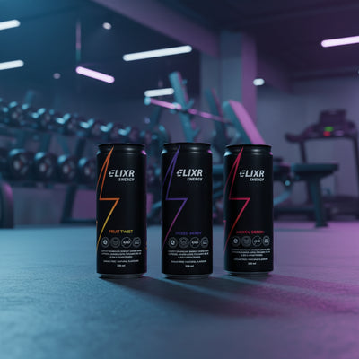 Three Elixir Energy drink cans with different flavors on a gym floor background