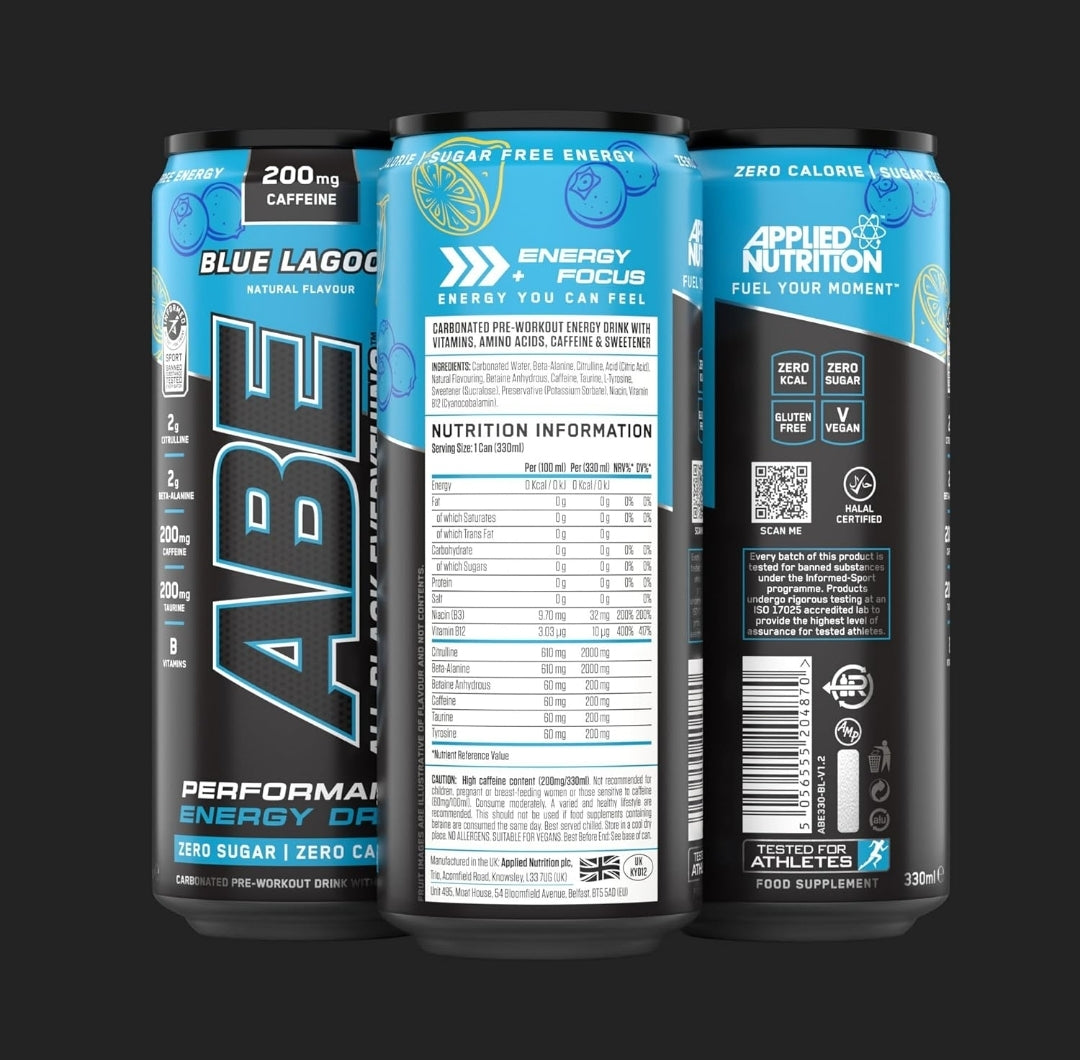 Applied Nutrition ABE pre workout cans 12 pack 330ml Blue Lagoon