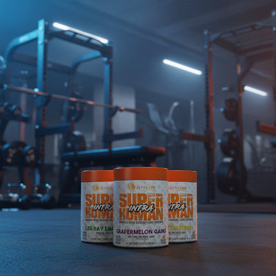 Three bottles of Super L utan on a gym floor with gym equipment in the background